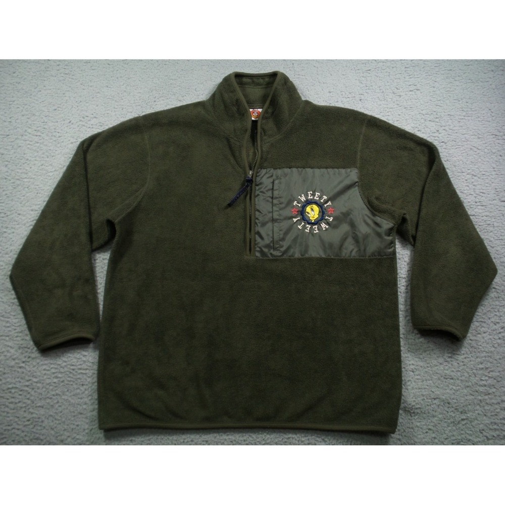 Vintage Looney Tunes Sweatshirt Womens Size Large Green Fleece Tweety 1/4 Zip